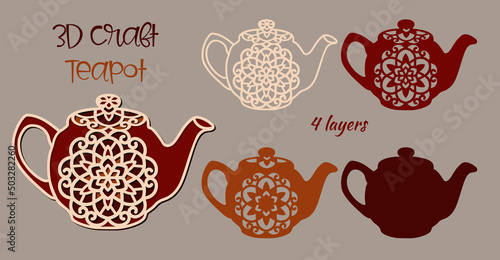 Teapot for tea with an openwork pattern.Multilayered 3D craft of four layers