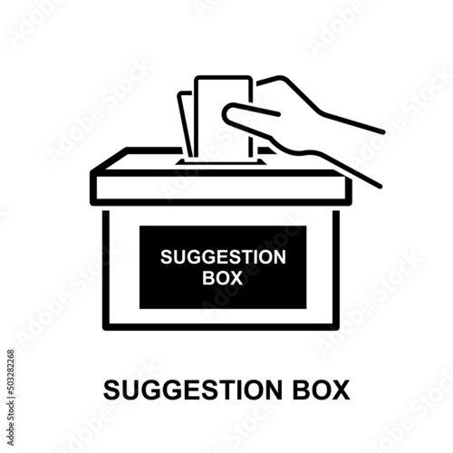 Hand putting paper in the suggestion box isolated on white background vector illustration.