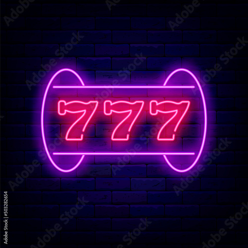 Slot machine neon signboard with jackpot. Casino emblem. Winner idea. Gambling signboard. Vector illustration