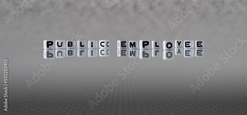 public employee word or concept represented by black and white letter cubes on a grey horizon background stretching to infinity