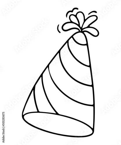 Paper cone cap, party hat, festive paraphernalia for a holiday, birthday, decoration of a fun party, vector design element in the style of doodles, isolated on a white background