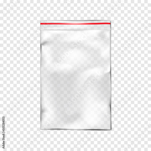 Clear plastic bag with zip lock on transparent background, realistic vector mockup. Empty zipper PVC vinyl package, mock-up