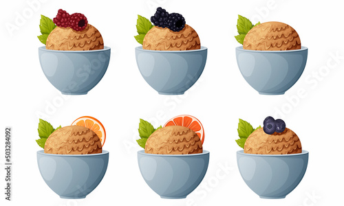 Set of scoop of ice cream in a bowl or plate with fruits, berries and mint. Vector illustration of sweets for summer sticker, poster, banner, restaurant, cafe.
