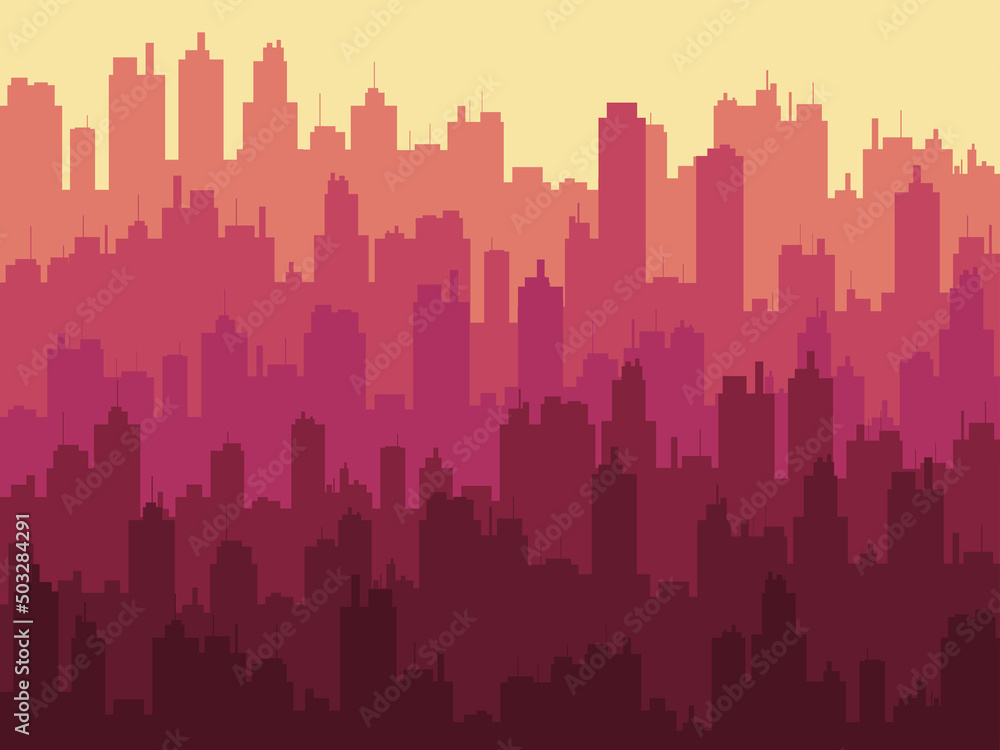 City at sunset. Summer heat in the city. The outlines of the construction of skyscrapers and city streets. City skyline for print, posters and promotional materials. Vector illustration