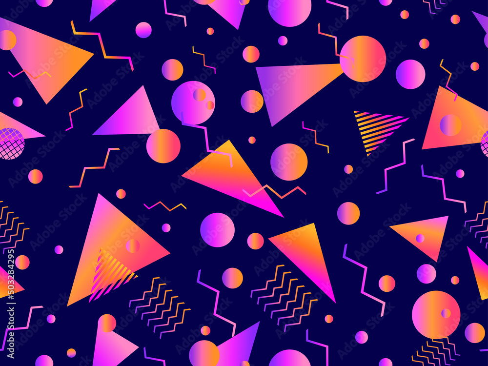 Memphis seamless pattern with geometric gradient shapes. Colorful geometric pattern in 80s style. Design for banners, promotional products and posters. Vector illustration Memphis seamless pattern with geometric gradient shapes. Colorful geometric pattern in 80s style. Design for banners, promotional products and posters. Vector illustration