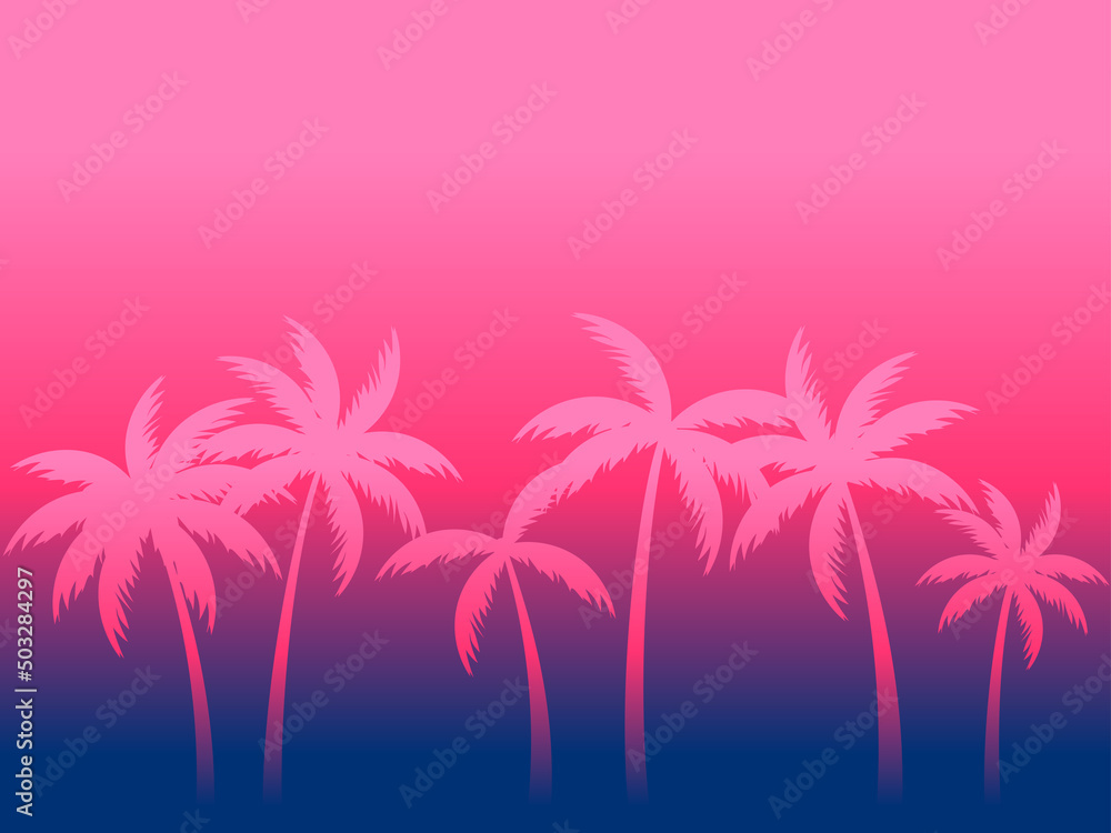 Palm trees at sunset. Silhouette of tropical palm trees on a gradient background. Summer time poster. Design for posters, banners and promotional items. Vector illustration