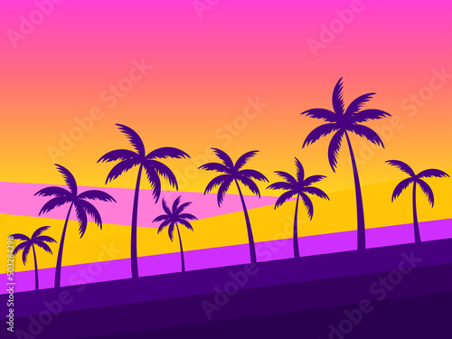 Palm trees at sunset. Tropical palm landscape with gradient color. Summer time poster. Design for posters, banners and promotional items. Vector illustration