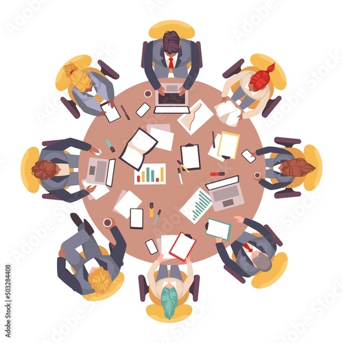 Business people top view. Corporate round table workspace, employees at conference sitting at desk, office meeting, expert team brainstorm, men and women with documents, vector concept