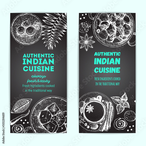 Indian food vintage design template. Banners collection. Vector illustration hand drawn linear art. Indian Cuisine restaurant menu flyers. Hand drawn sketch.