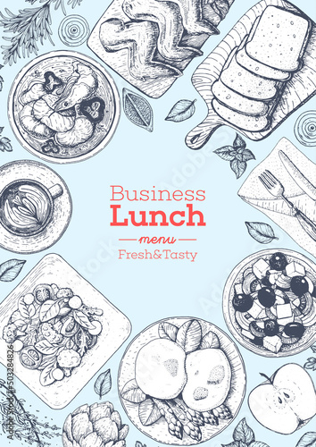 Business lunch top view frame. Food menu design. Vintage hand drawn sketch vector illustration.