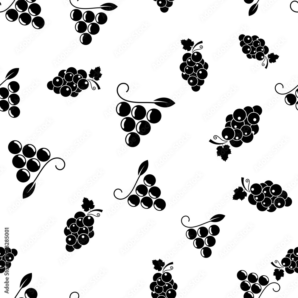 Fototapeta premium Bunch of grapes seamless pattern. Black sign wild berries and leaves on white background. Grapes flat icon. Design for print on fabric, wrapping paper, packaging with grapevine. Vector illustration