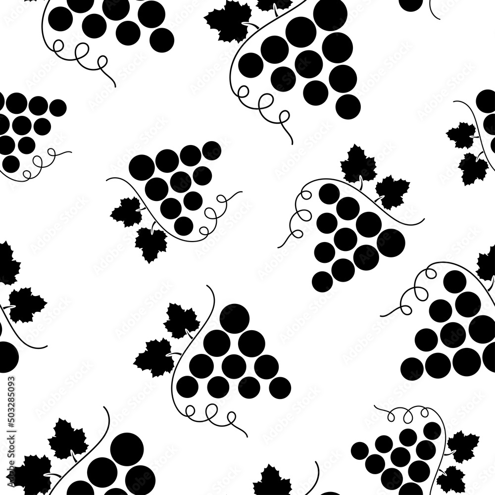 Fototapeta premium Seamless pattern with bunch of grapes. Black sign grape on white background. Berry flat icon. Modern design for print on fabric, wrapping paper, wallpaper, packaging. Vector illustration