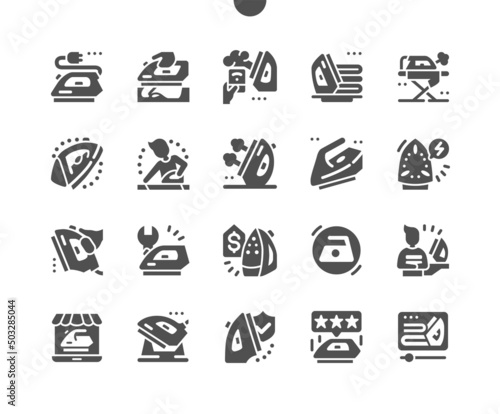 Iron. Video review. Repairs, warranty, price and reviews of iron. Ironing facility. Vector Solid Icons. Simple Pictogram