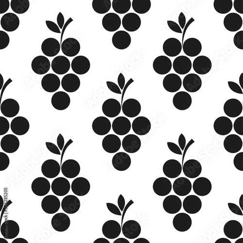 Seamless pattern with bunch of grapes. Black sign grape on white background. Berry flat icon. Modern design for print on fabric, wrapping paper, wallpaper, packaging. Vector illustration