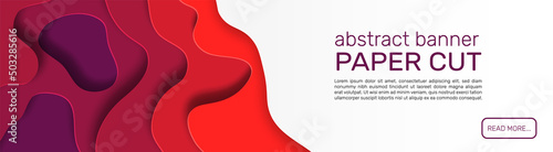 Paper cut banner. Red abstract paper shapes, wave layers with shadows, curved forms, web page with copy space template, minimal style papercut background, liquid surface vector illustration