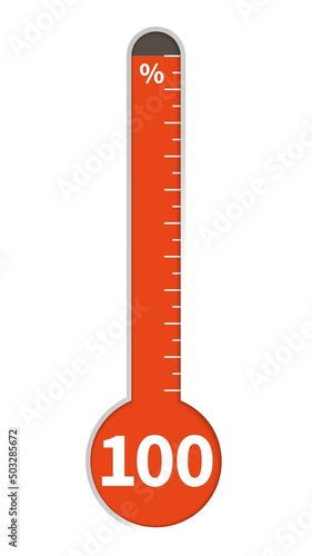Percentage thermometer. Red scale with 100 percent, measurement isolated on white background element, degree of success, achieving goal, growth indicator, temperature symbol, vector object