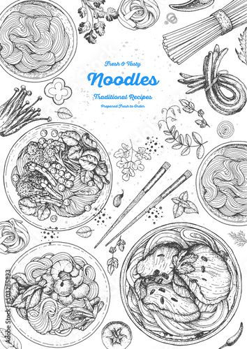 Asian food engraved sketch. Noodle dishes top view frame. Food menu design with cooked noodles . Vintage hand drawn sketch vector illustration. Asian cuisine menu background.
