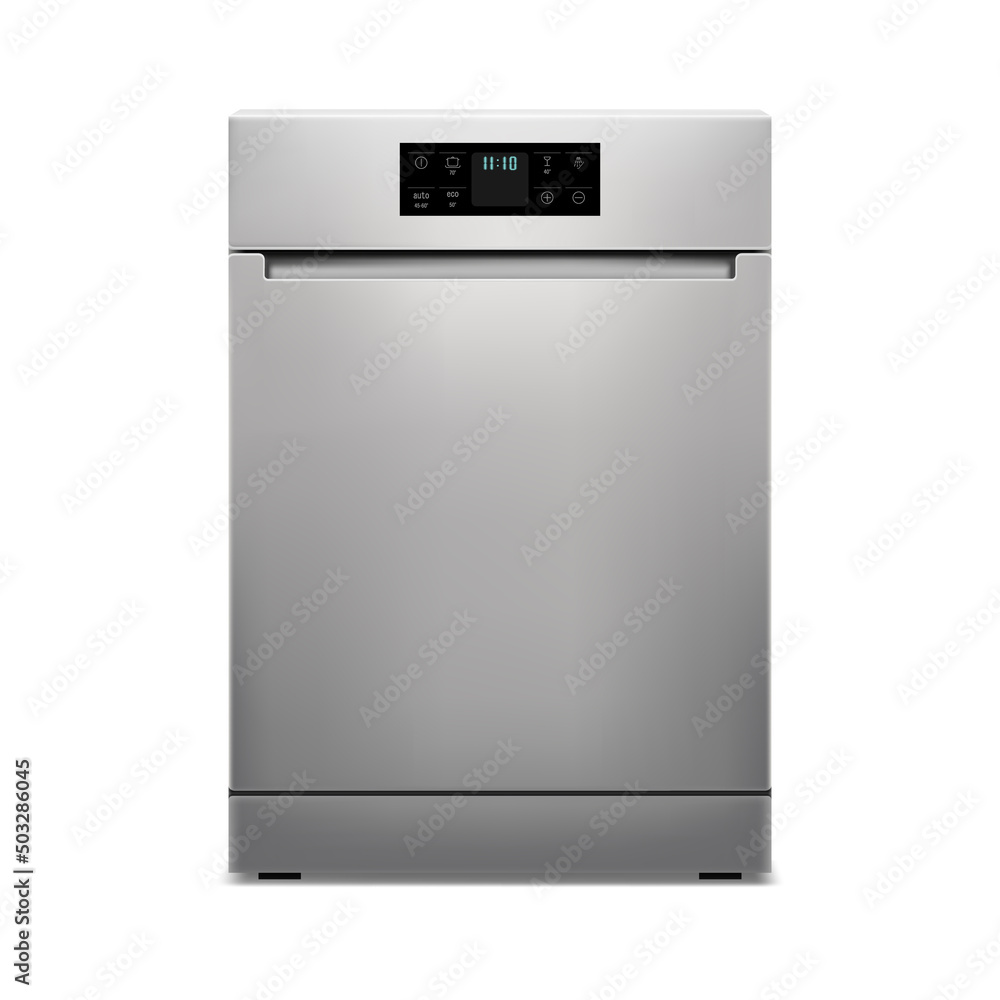 Dishwashing machine isolated on white background. Smart home appliance concept. Front view. Digital display. Silver color. Realistic 3d Vector illustration. Dishwashing machine isolated on white background. Smart home appliance concept. Front view. Digital display. Silver color. Realistic 3d Vector illustration.