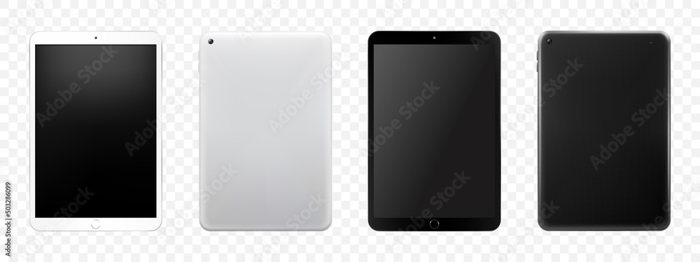 Tablet mockup set, Isolated On White. Black tablet and white colour tablet. Front and back view. Realistic 3d Vector illustration. Can use for object application demo. Can use for web. Tablet mockup set, Isolated On White. Black tablet and white colour tablet. Front and back view. Realistic 3d Vector illustration. Can use for object application demo. Can use for web.