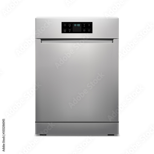 Dishwashing machine isolated on white background. Smart home appliance concept. Front view. Digital display. Silver color. Realistic 3d Vector illustration.