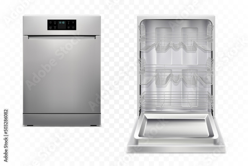 Dishwashing machine with open, closed door, isolated on white background. Smart home appliance concept. Front view. Digital display. Silver color. Realistic 3d Vector illustration.