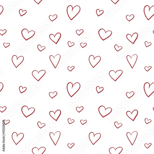 Seamless pattern with red hearts in handmade style, romantic pattern, romance, love, Valentine's day. Pattern with hearts for fabrics, postcards, packaging, design.