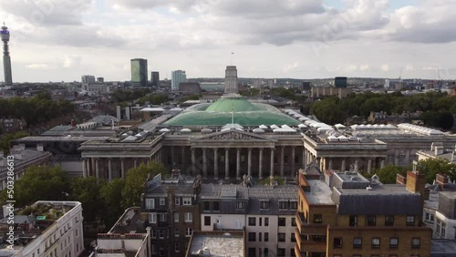 Drone view of the entrance to the British Museum with a gradual approach.