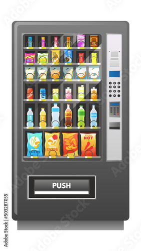 Vending machine. Automatic food, lunch snacks and drink sale, square appliance with panel and buttons, bottles inside, retail equipment, realistic isolated element, 3d vector illustration