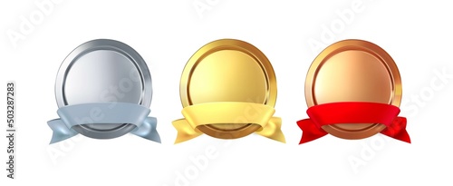 Gold, silver and bronze award with ribbon. Rank, award, frame or trophy for victory. Vector illustration.
