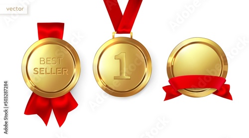 Bestseller, award and medal. First place or best product. Gold medals with red ribbons. Vector illustration