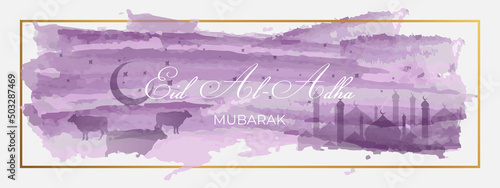 Islamic Eid al Adha banner with watercolor brush stroke background and golden frame