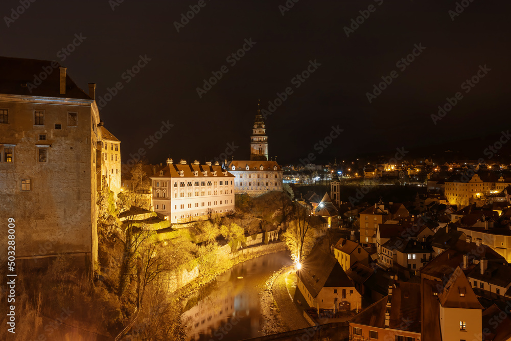 Town Cesky Krumlov and its castle in Czech republic in the night. Horizontally.