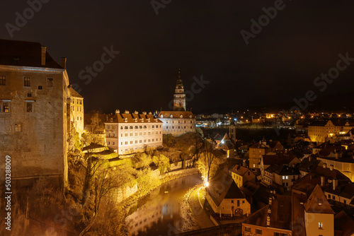 Town Cesky Krumlov and its castle in Czech republic in the night. Horizontally.