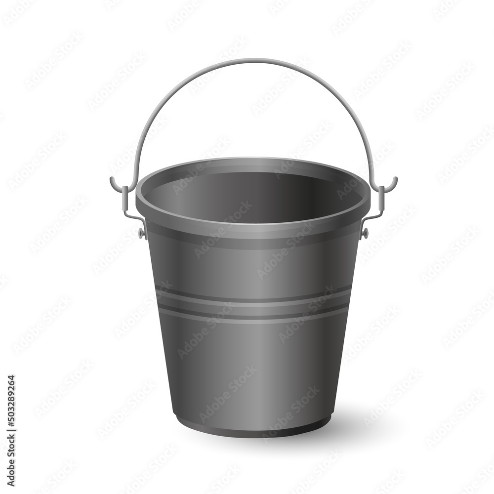 Empty iron bucket. Metal container for housekeeping and gardening aluminum tool for transferring liquids and vector waste Empty iron bucket. Metal container for housekeeping and gardening aluminum tool for transferring liquids and vector waste