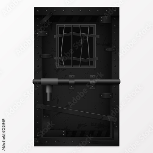 Old scary door with bars. Black gate locked with powerful bolt with bent steel bars on window door to gloomy dungeon with terrible creatures and content of dangerous vector criminal