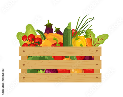 wooden box with vegetables