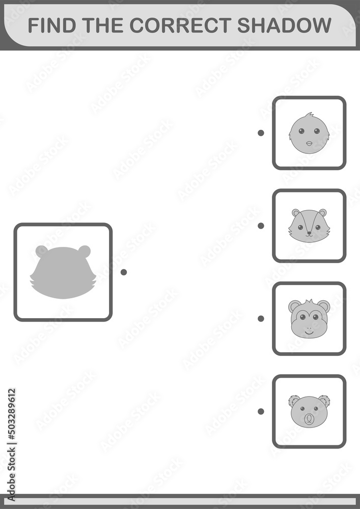 Find the correct shadow Skunk face. Worksheet for kids Find the correct shadow Skunk face. Worksheet for kids