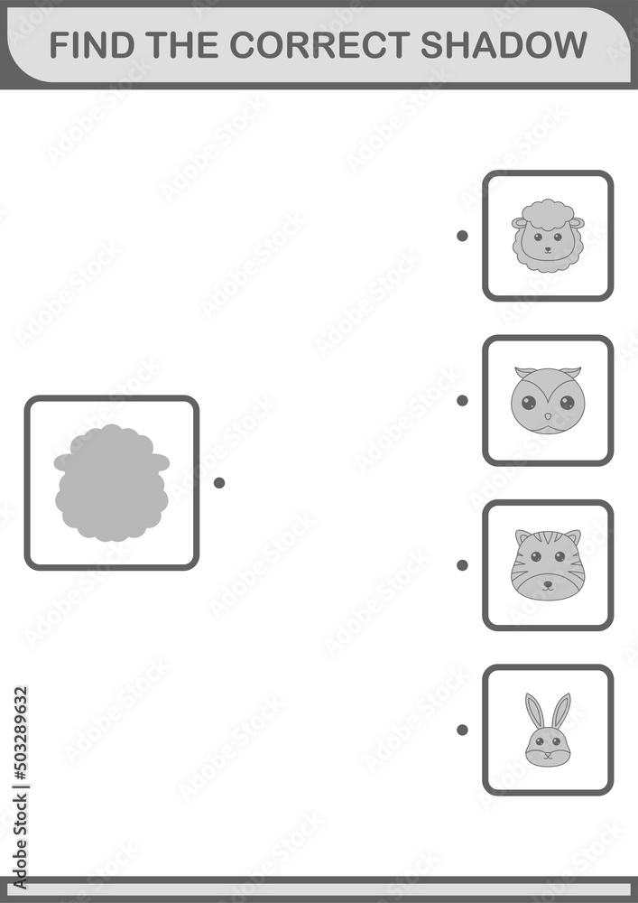 Find the correct shadow Sheep face. Worksheet for kids Find the correct shadow Sheep face. Worksheet for kids