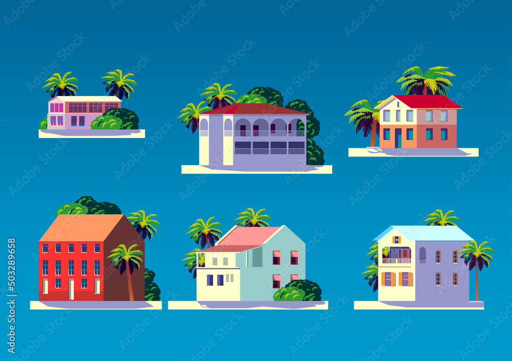 Vector set of caribbean traditional houses and bungalows with palms and flower trees.