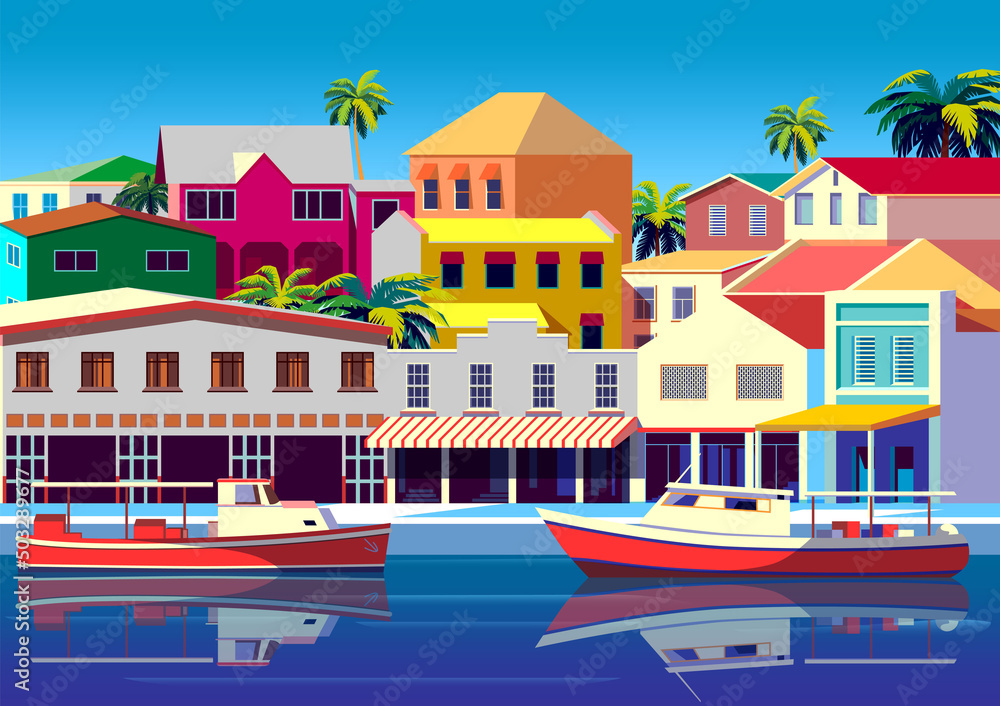 Tropical Island landscape with fishing boats, traditional houses, palm trees and the sea. Handmade drawing vector illustration.