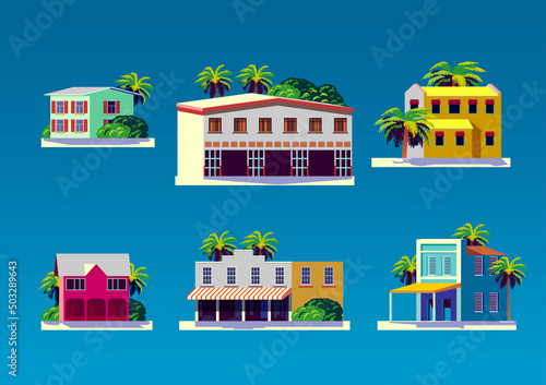 Vector set of caribbean traditional houses, villas and bungalows with palms and flower trees.