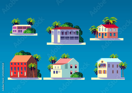 Vector set of caribbean traditional houses and bungalows with palms and flower trees.