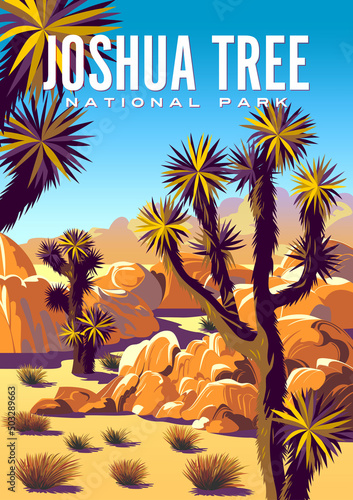 Desert landscape with yuccas in the first plan and the mountains in the background. Joshua Tree National Park travel poster. Handmade drawing vector illustration. photo