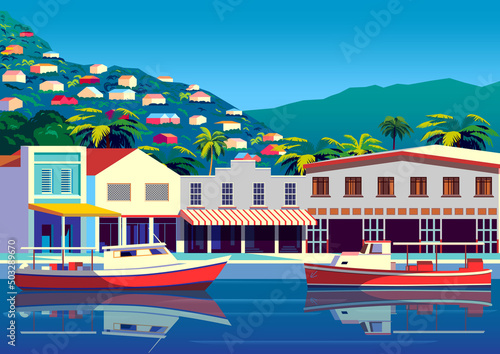 Tropical Island landscape with fishing boats, traditional houses, palm trees, sea and the mountains in the background. Handmade drawing vector illustration.