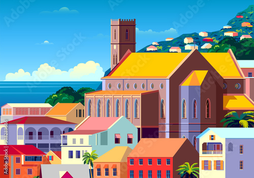 Tropical Island landscape with traditional houses, palm trees, sea and the mountains in the background. Handmade drawing vector illustration. © alaver