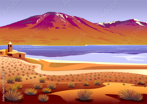 Natural landscape with lake, desert, meadows, bushes, hills and mountains in the background. Handmade drawing vector illustration.