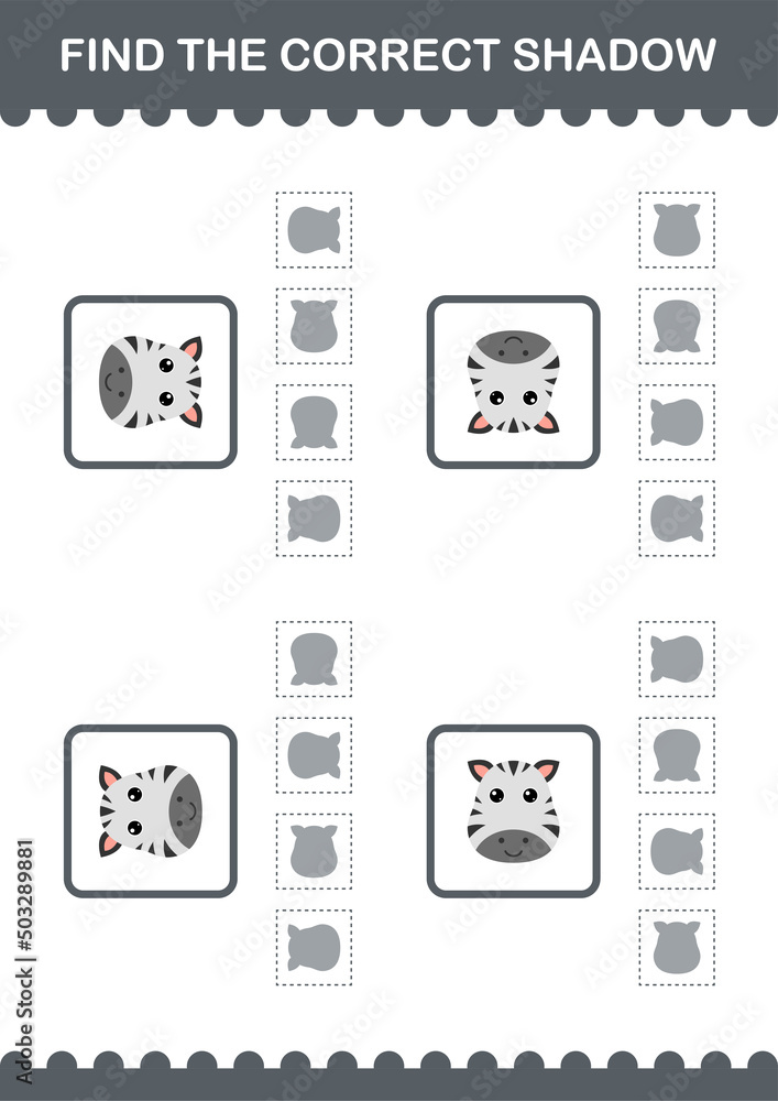 Find the correct shadow Zebra face. Worksheet for kids Find the correct shadow Zebra face. Worksheet for kids