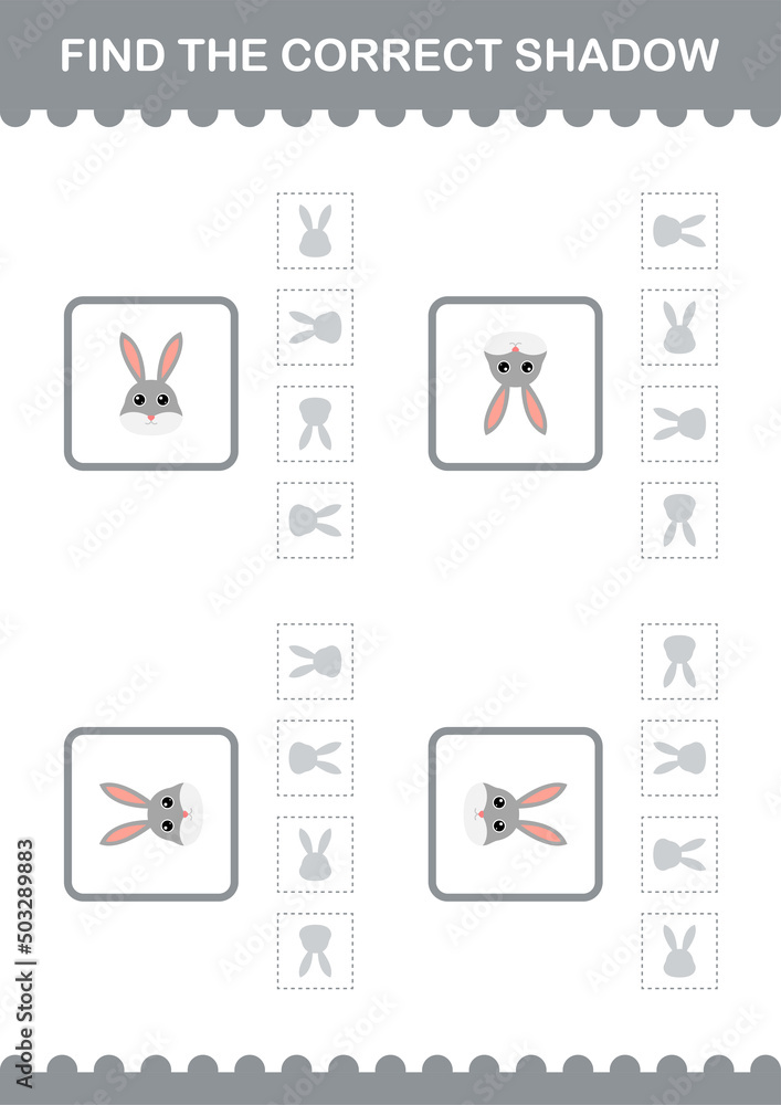 Find the correct shadow Rabbit face. Worksheet for kids Find the correct shadow Rabbit face. Worksheet for kids