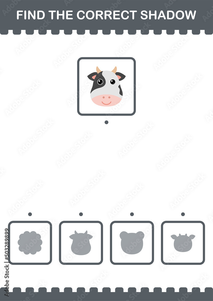 Find the correct shadow Cow face. Worksheet for kids Find the correct shadow Cow face. Worksheet for kids