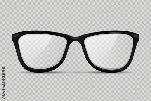 Glasses without temples isolated. Black plastic glasses with clear lenses to improve vision and reading stylish eye protection and trendy vector accessory
